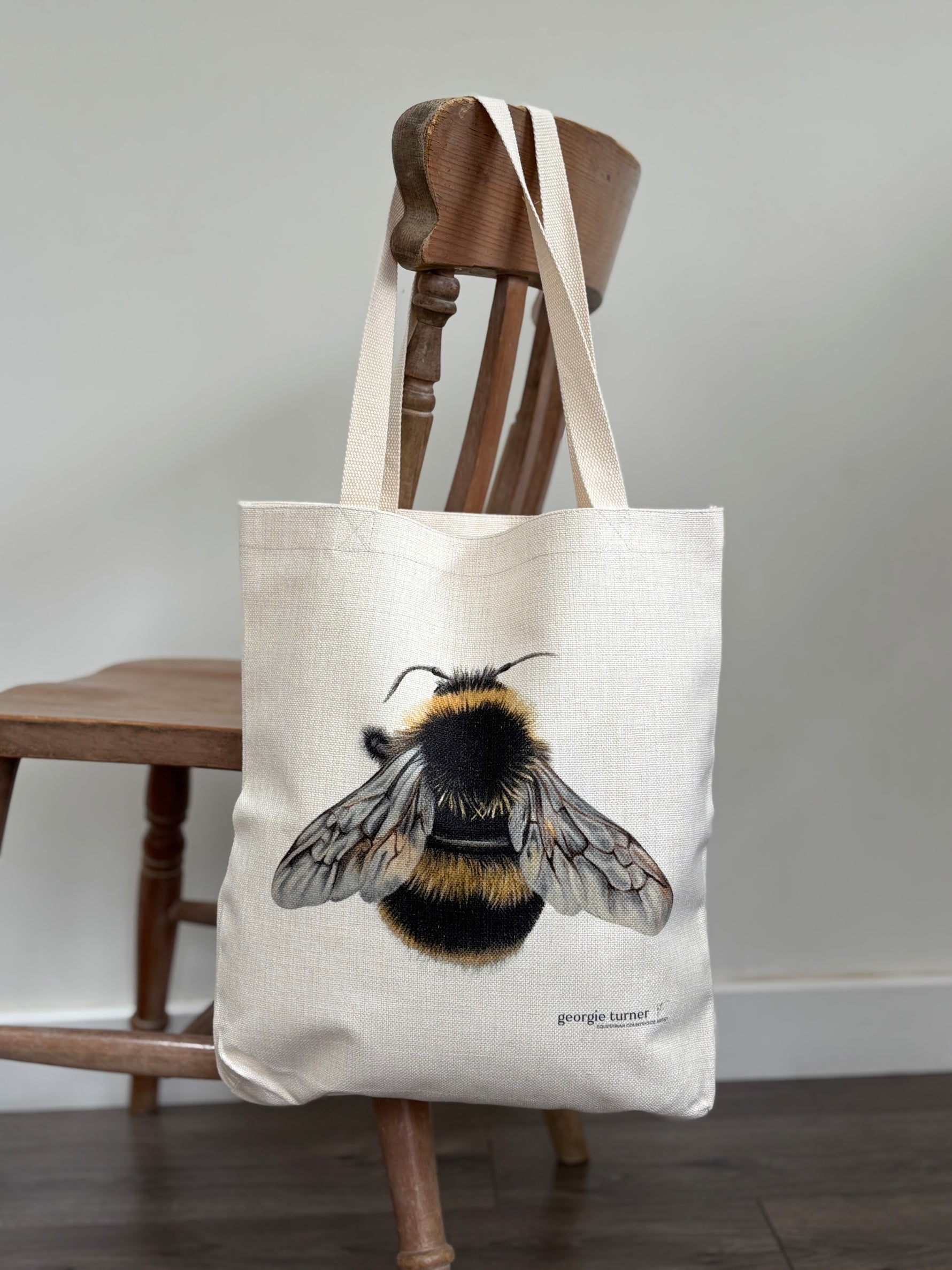 Bumble Bee Shopping Bag made from eco-friendly linen, featuring a detailed bee illustration by Georgie Turner. Ideal reusable tote for wildlife lovers.