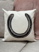 Horseshoe Cushion - Country Home Decor with rustic horseshoe print on cream fabric, ideal gift for horse lovers and equestrian-themed interiors.