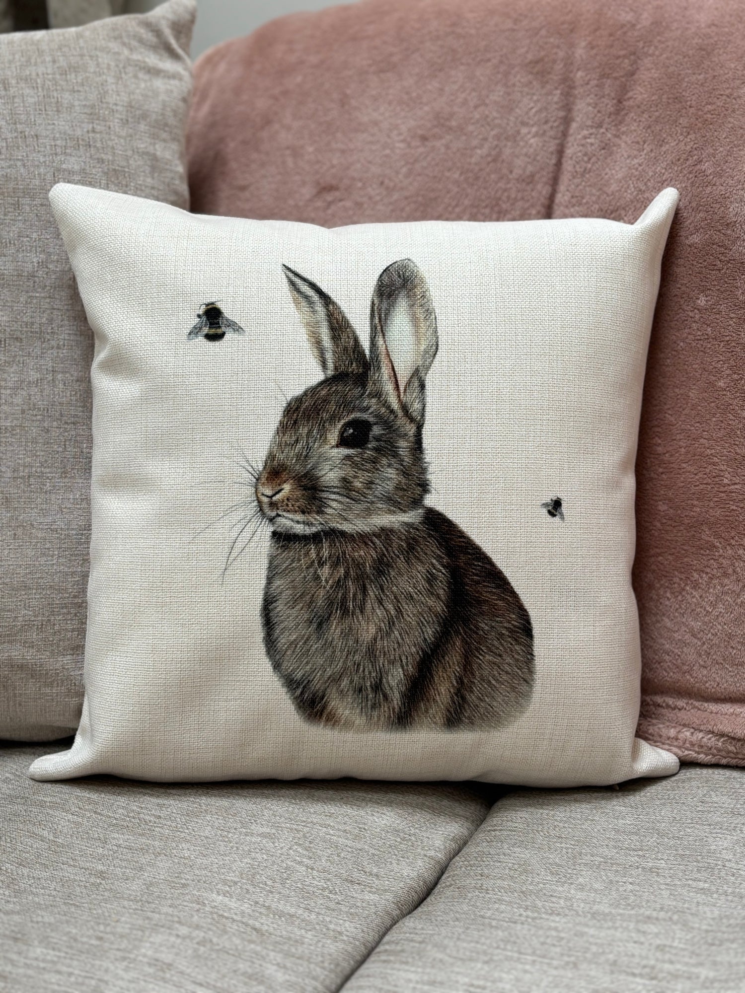Rabbit Custom Cushion featuring a realistic rabbit and bees illustration, perfect for country home decor and rustic living room ideas.