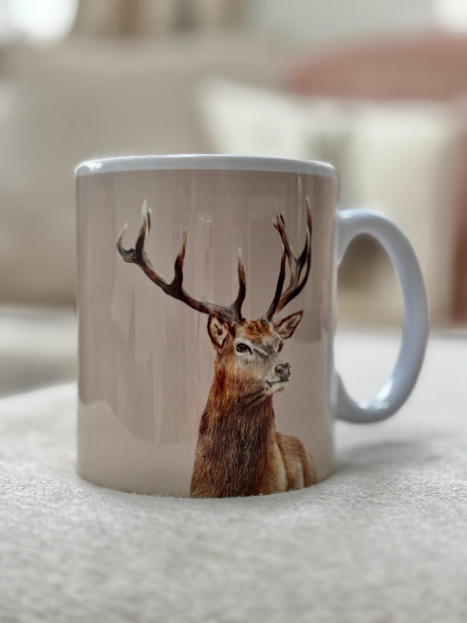 Country-style Stag Mug with detailed illustration of a stag. Perfect British wildlife coffee mug gift for rustic kitchen decor.