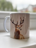 Stag Mug featuring hand-drawn British wild animal art by Georgie Turner. Ideal country kitchenware coffee mug for animal lovers.
