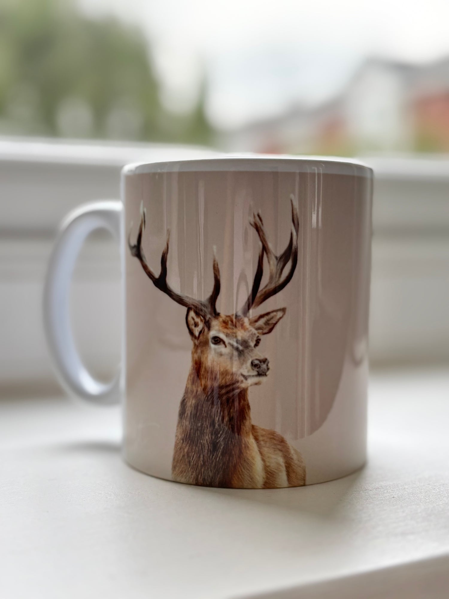 Stag Mug featuring hand-drawn British wild animal art by Georgie Turner. Ideal country kitchenware coffee mug for animal lovers.