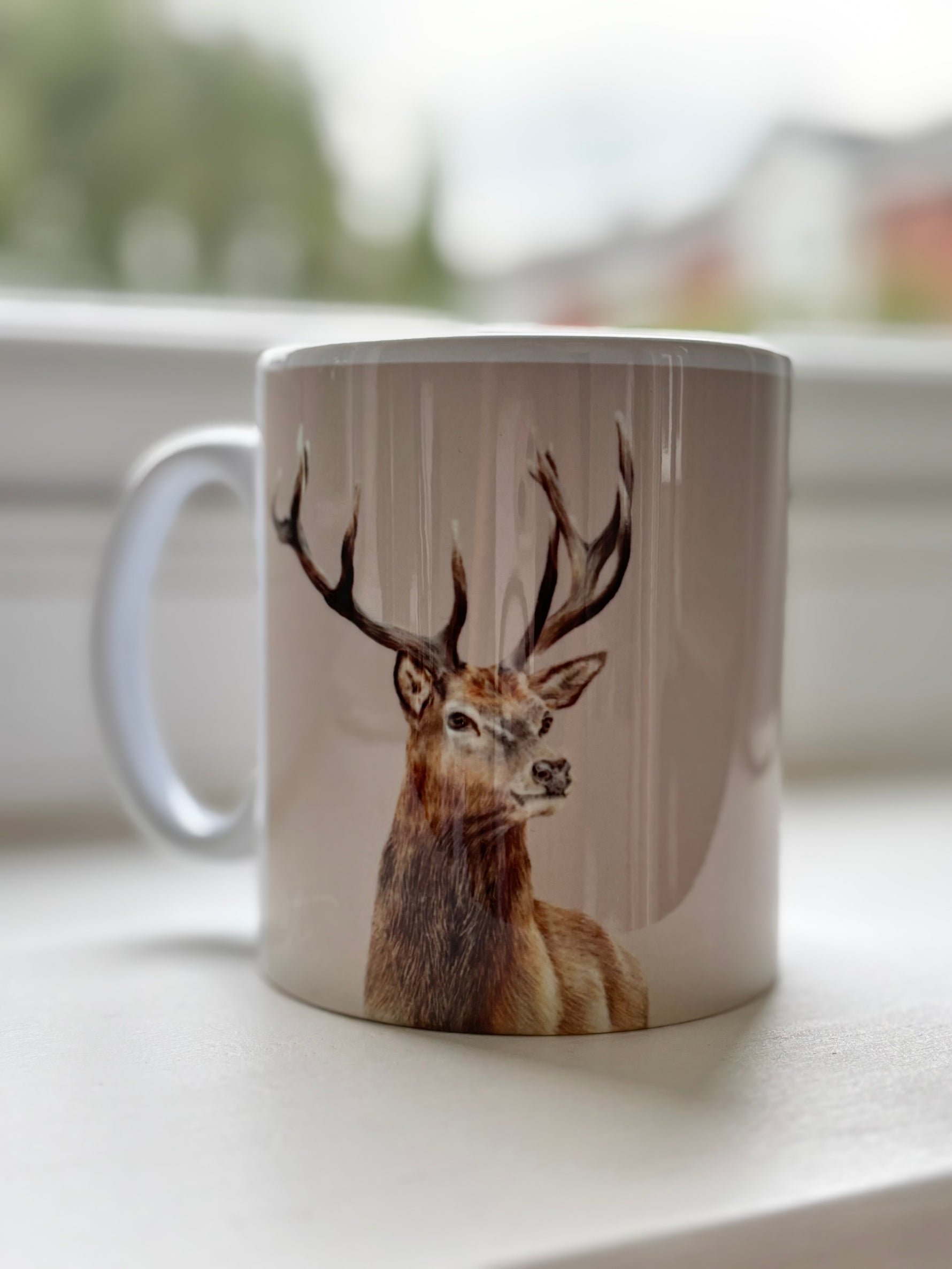 Stag Mug featuring hand-drawn British wild animal art by Georgie Turner. Ideal country kitchenware coffee mug for animal lovers.