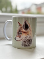 Fox Mug featuring hand-drawn British wild fox cub by Georgie Turner. Country kitchenware coffee mug perfect for animal lovers and rustic decor.