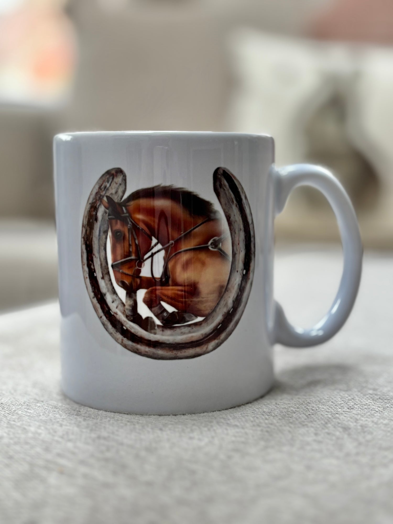 Jumping Horse Mug featuring equestrian artwork by Georgie Turner. Unique drinkware for country kitchens and perfect gift for horse enthusiasts.
