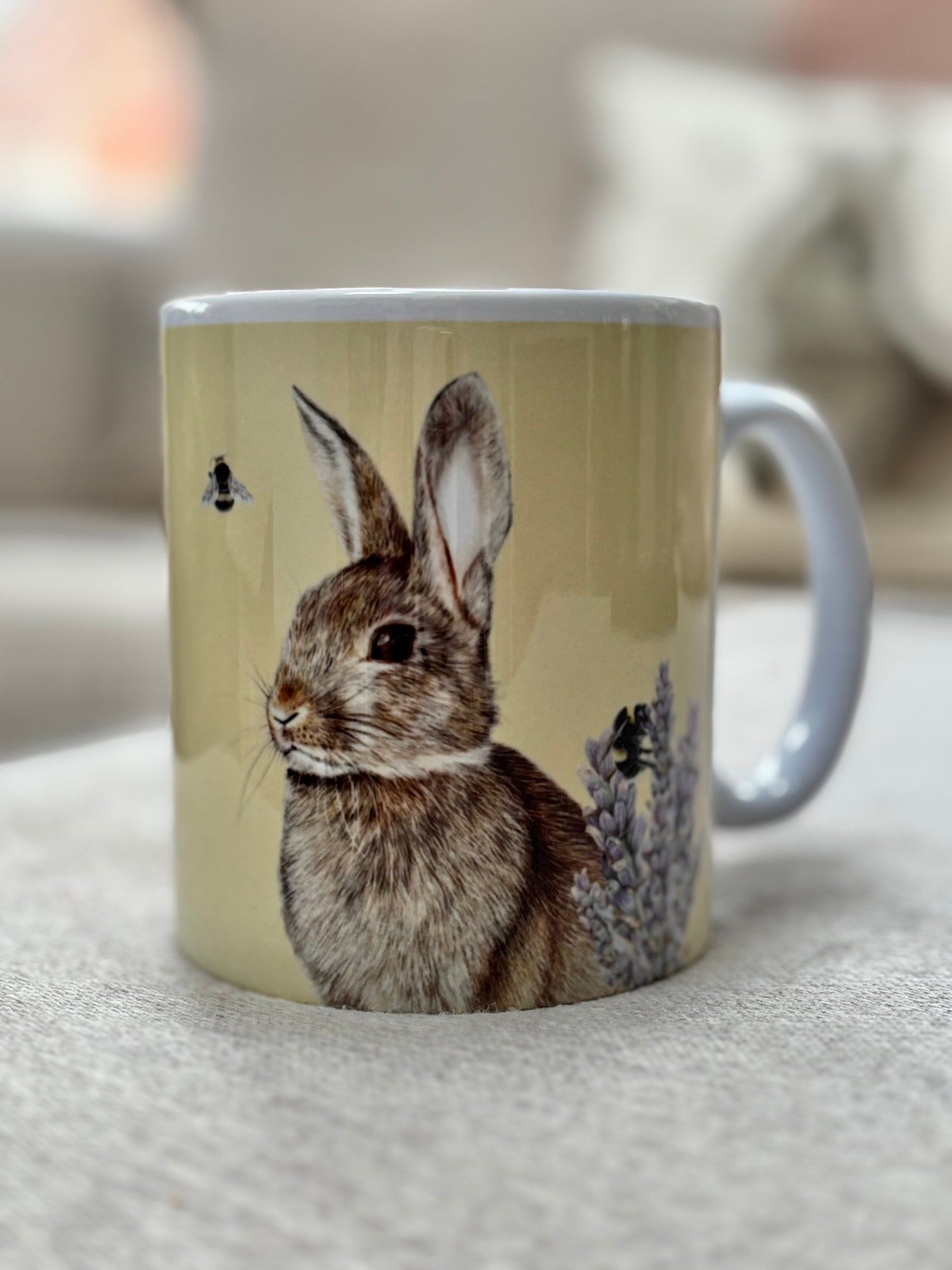 Country kitchenware Rabbit Mug with detailed wild rabbit illustration and lavender. Ideal British wildlife coffee mug gift or stocking stuffer.