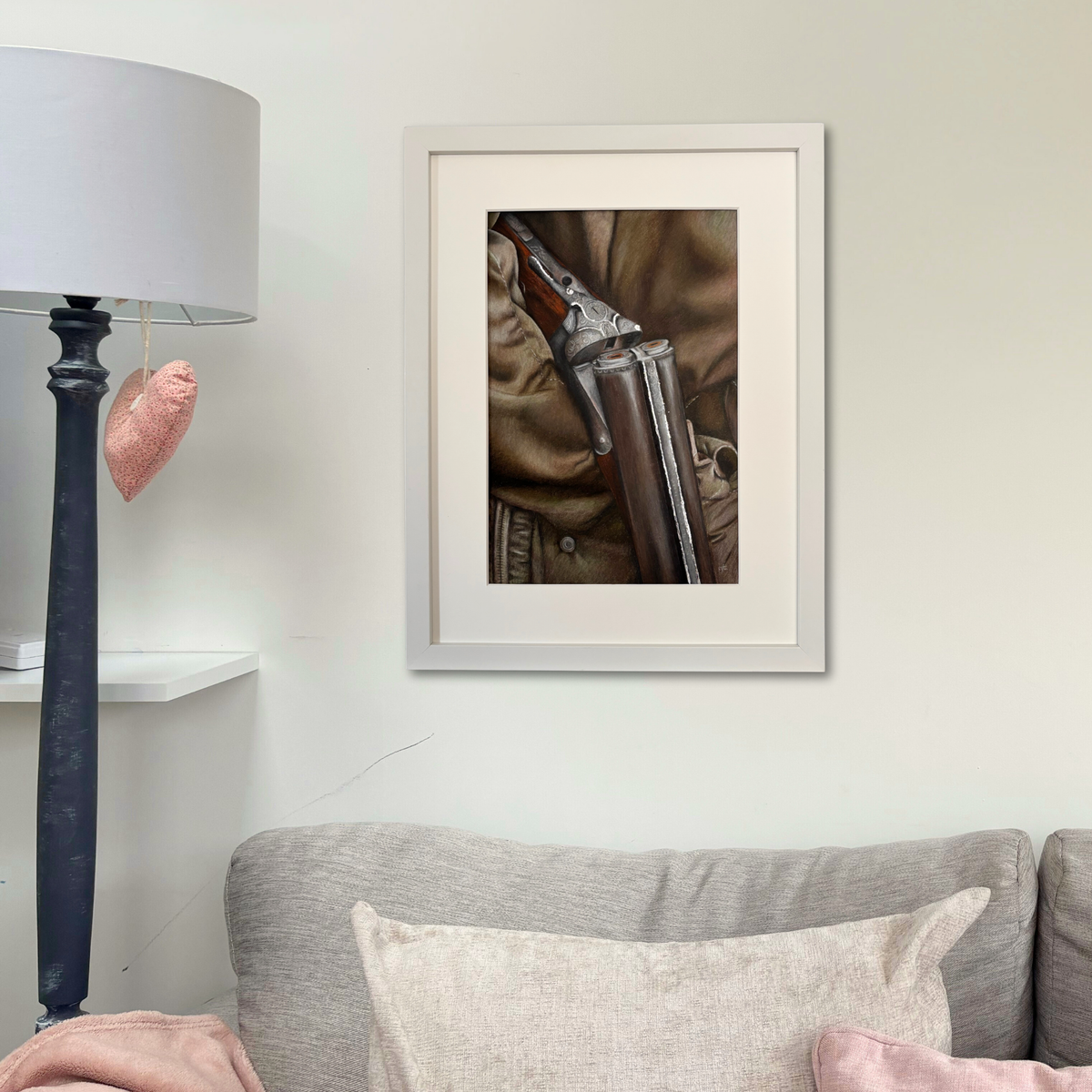 'Between The Drives' framed country shoot painting in a cozy living room setting, perfect for rustic and equestrian-themed wall art collections.