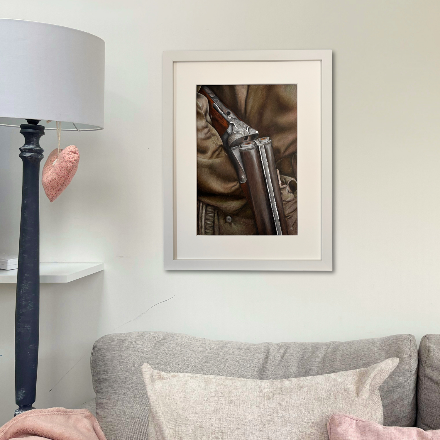 'Between The Drives' framed country shoot painting in a cozy living room setting, perfect for rustic and equestrian-themed wall art collections.
