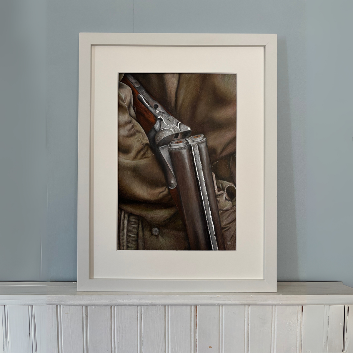 Country shoot original artwork titled 'Between The Drives' by Georgie Turner, framed and displayed on a mantel. Ideal for country home decor.
