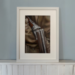 Country shoot original artwork titled 'Between The Drives' by Georgie Turner, framed and displayed on a mantel. Ideal for country home decor.