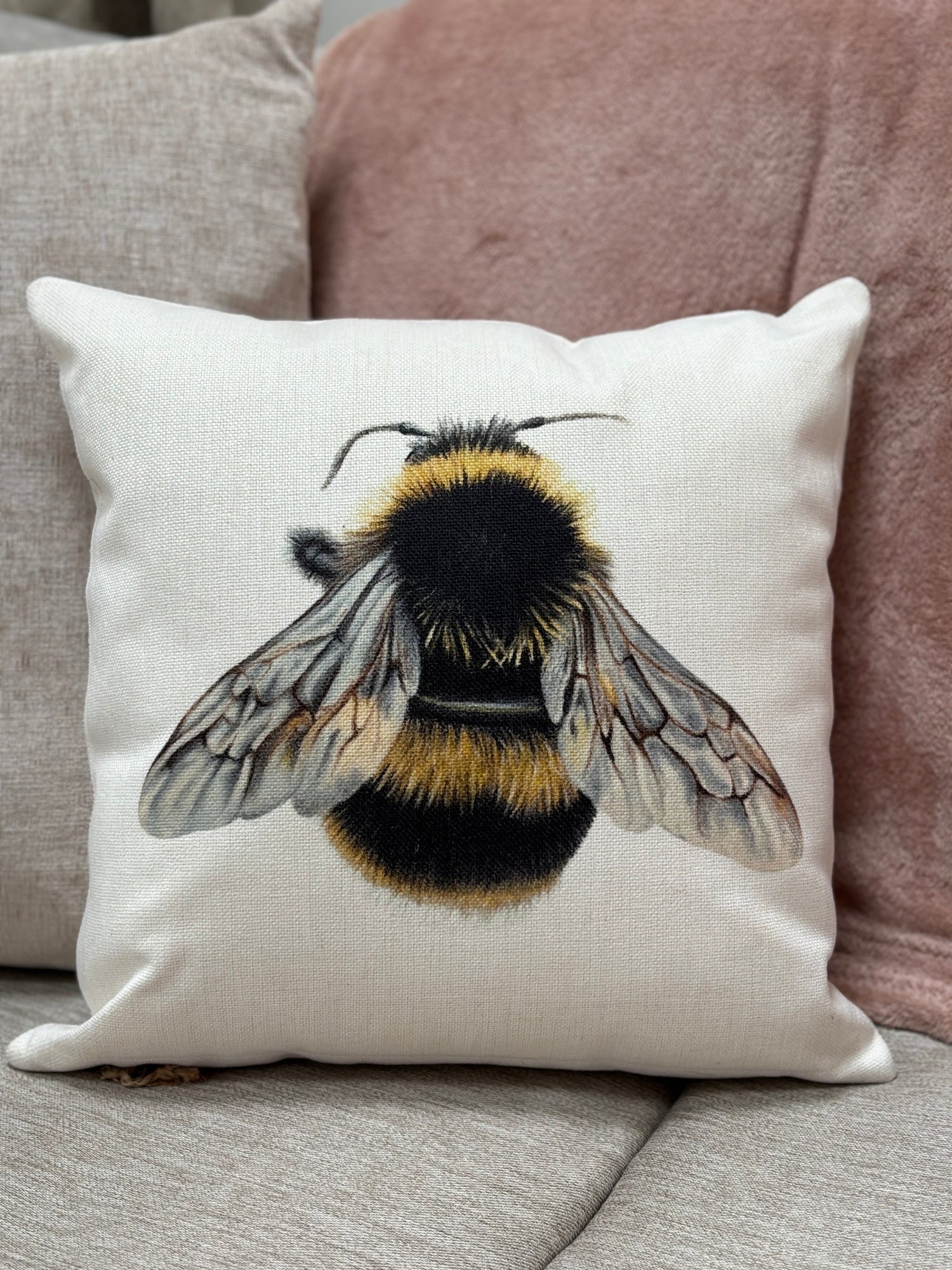 Bumble Bee Cushion featuring a detailed bee illustration, perfect for country home decor and cozy living room ideas.