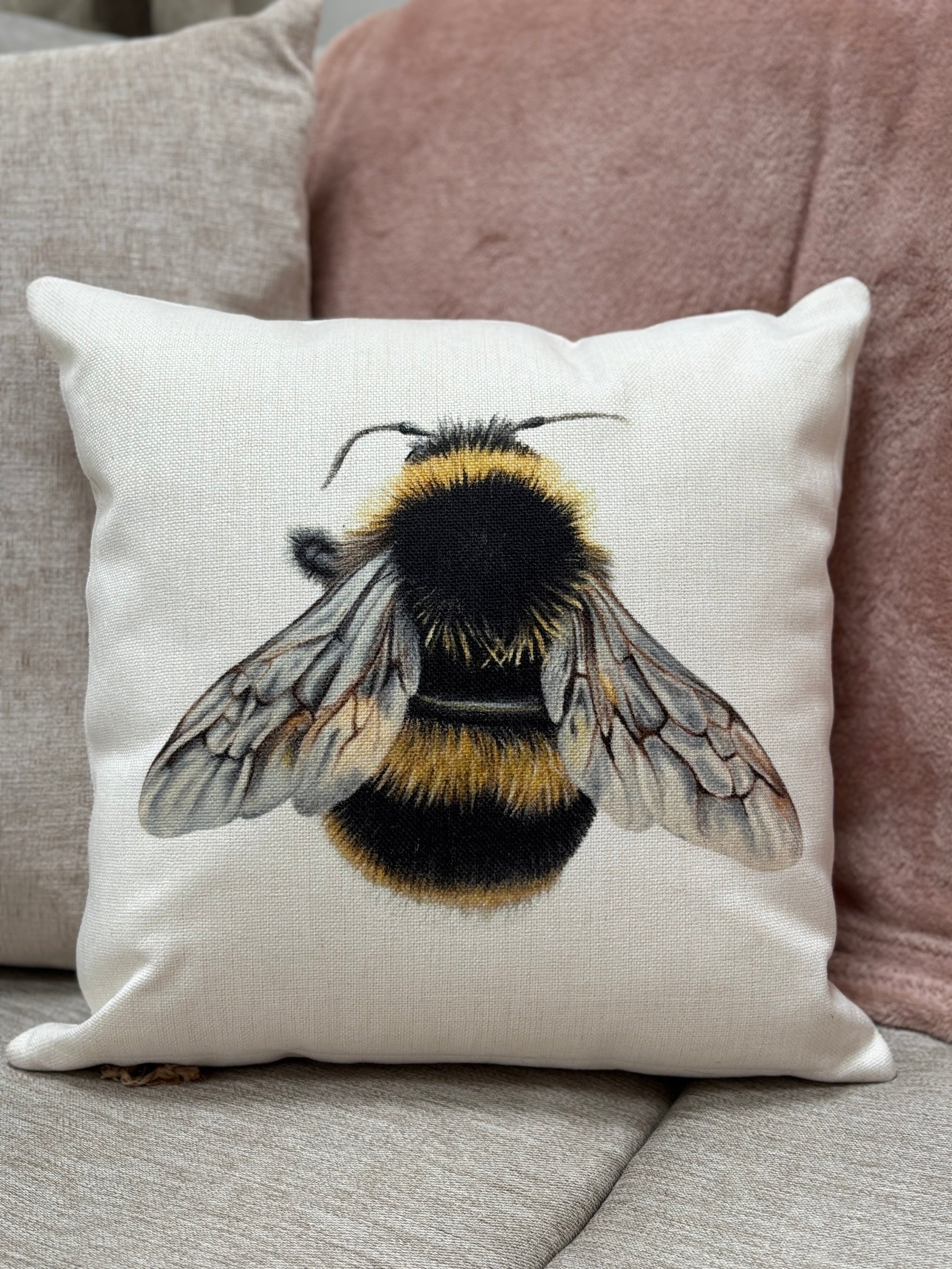 Bumble Bee Cushion featuring a detailed bee illustration, perfect for country home decor and cozy living room ideas.