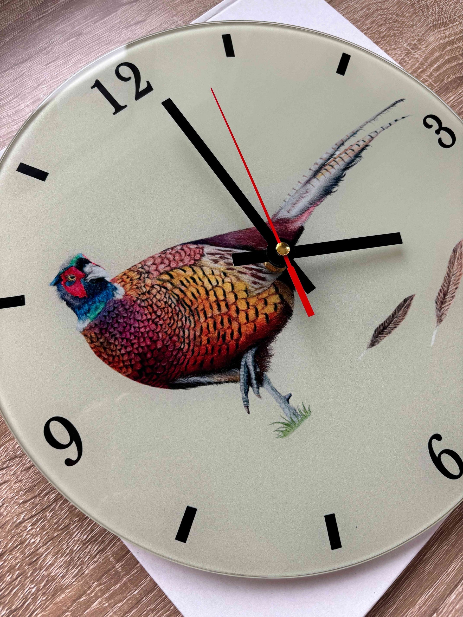 close up detail of a pheasant wall clock on a green background