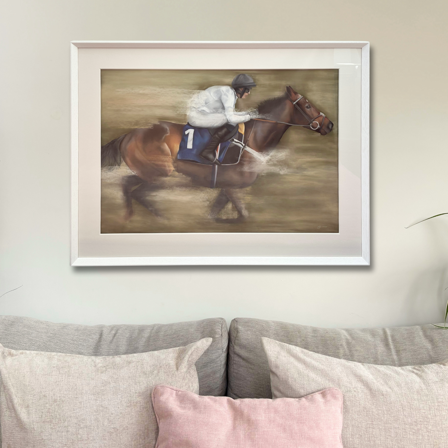 Racehorse original artwork 'Gallop' framed and displayed above a neutral-toned sofa, perfect for country home decor and large wall art settings.