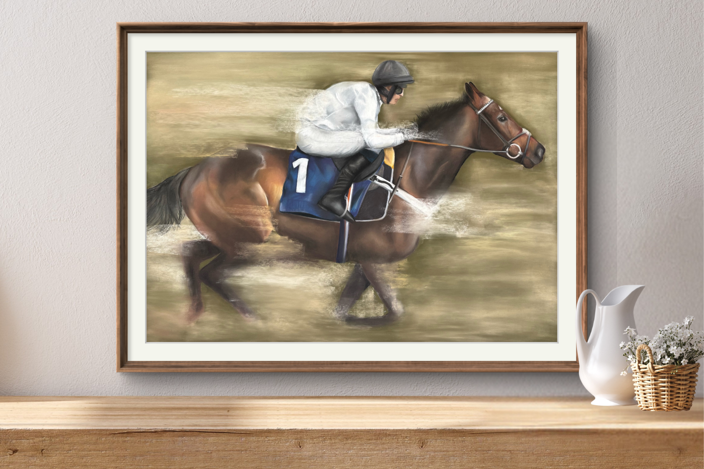 Framed pastel painting 'Gallop' featuring a racehorse and jockey, styled on a wooden shelf for equestrian-themed country home decor.