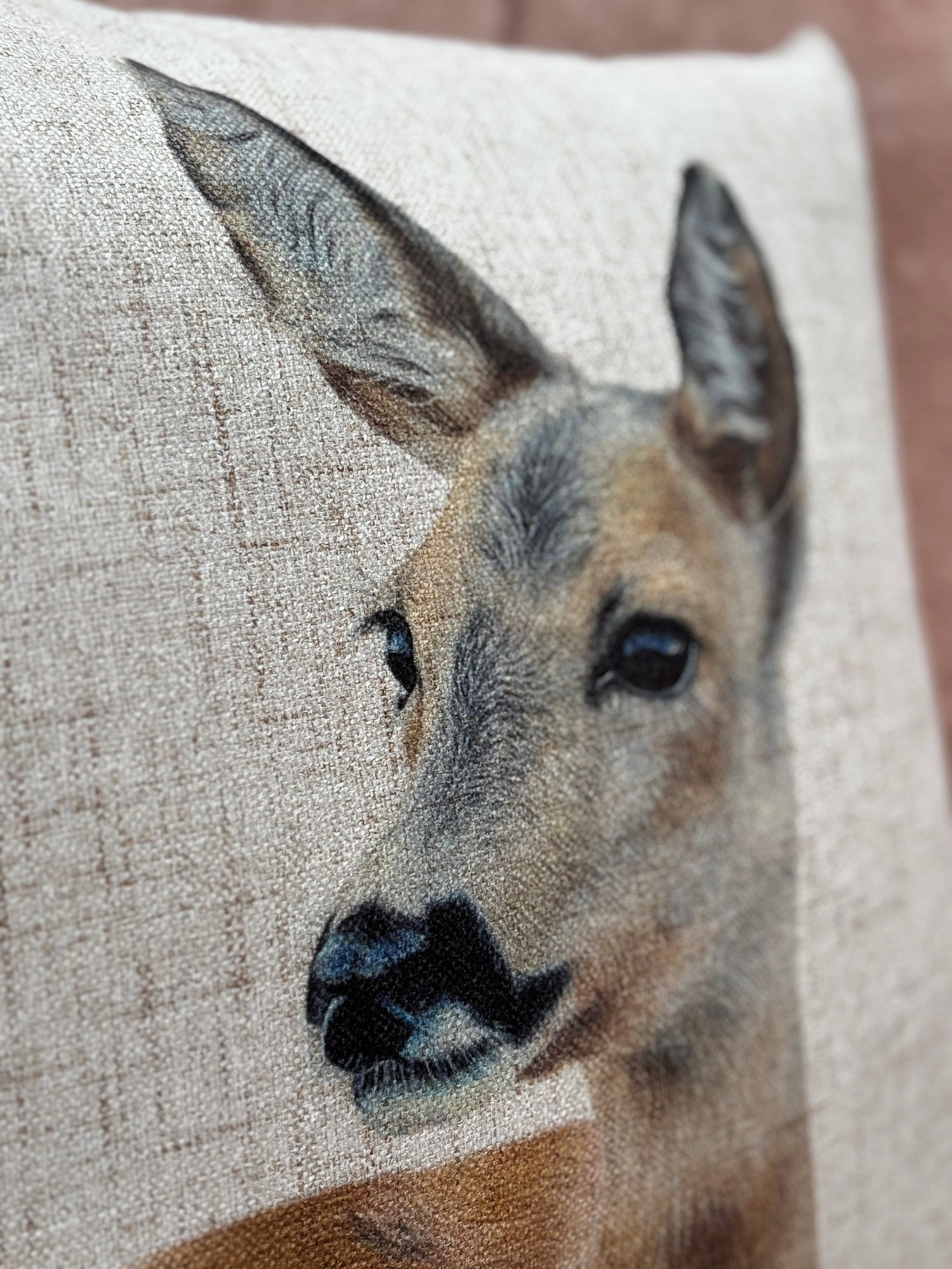 Deer Custom Cushion featuring a realistic deer illustration on textured fabric. Ideal for country home decor and rustic living room ideas.