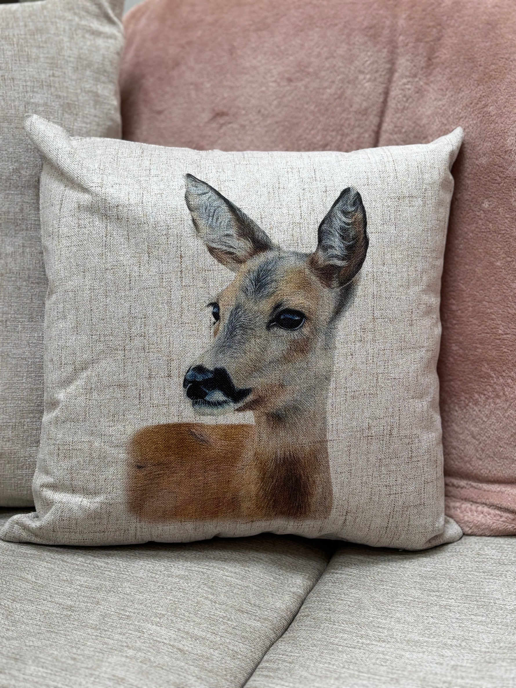 Deer Custom Cushion featuring a realistic deer portrait on beige fabric, ideal for country home decor and rustic living room ideas.