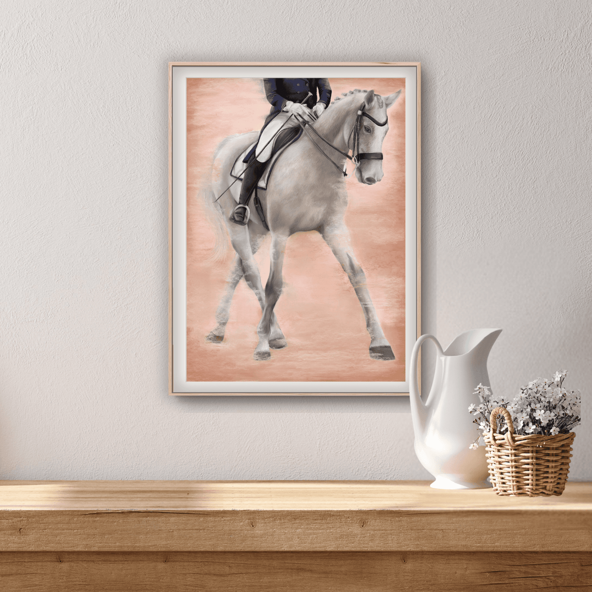 Ballet - Dressage Horse Fine Art Print framed and styled with rustic decor, perfect for adding equestrian charm to home and garden wall art collections.