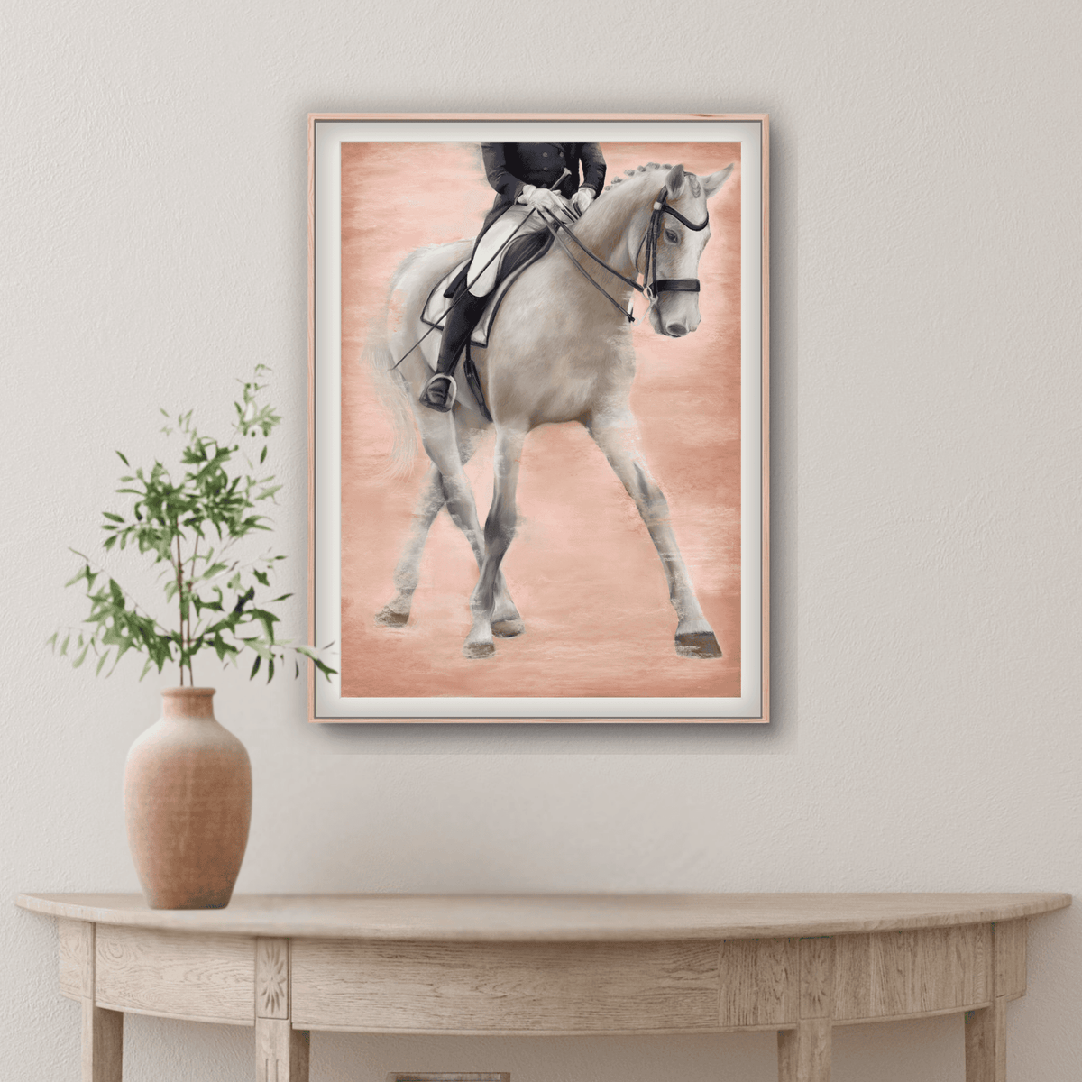 Framed Ballet - Dressage Horse Fine Art Print on a curved console table, showcasing elegant equestrian artwork for countryside-inspired interiors.