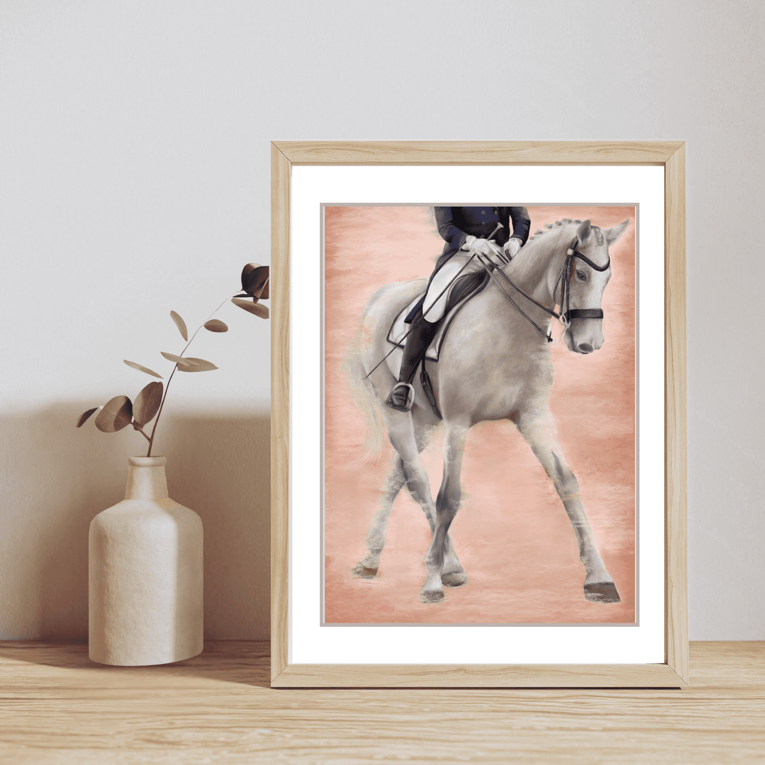 Ballet - Dressage Horse Fine Art Print displayed in a light wood frame on a wooden shelf with a ceramic vase, ideal for equestrian-themed decor.