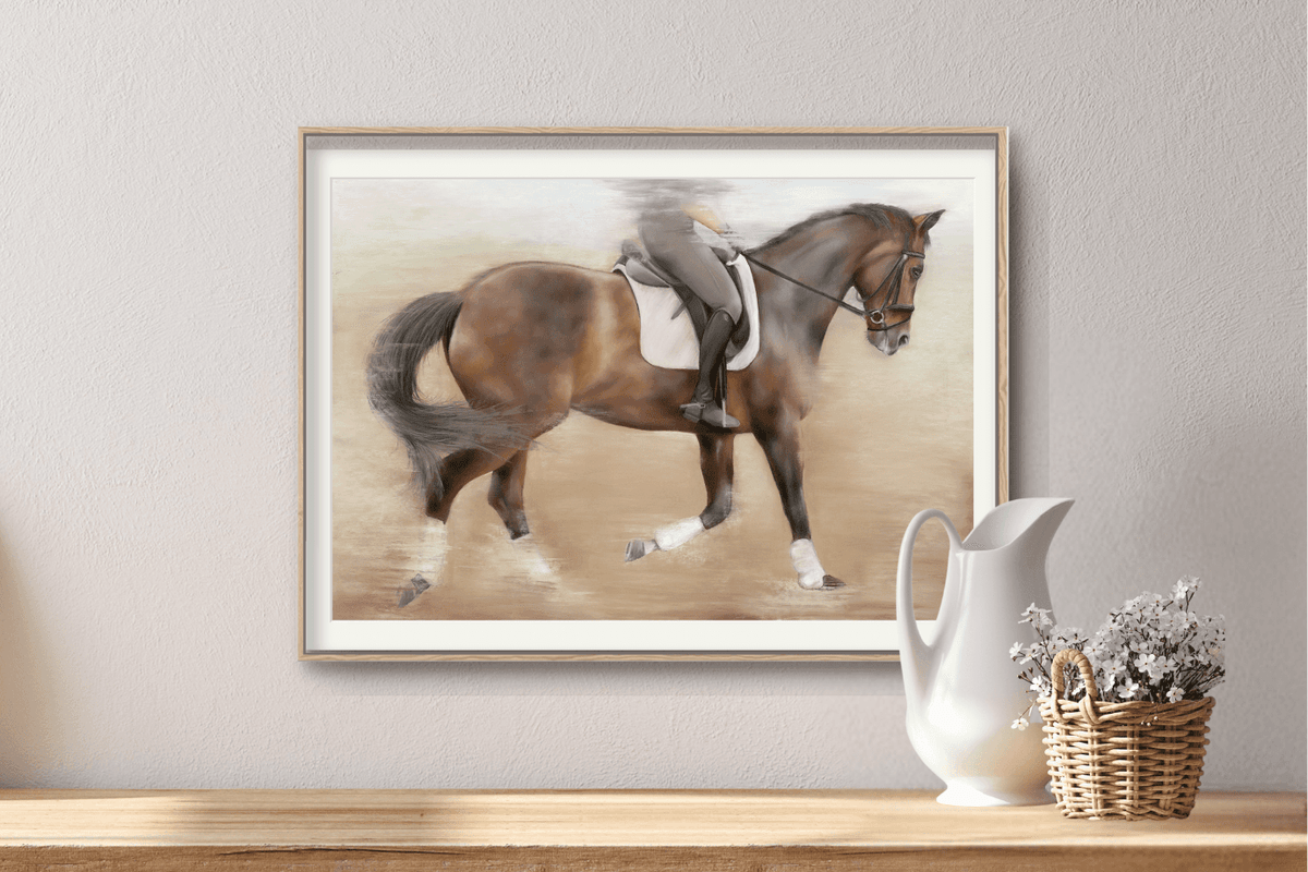 Equestrian-themed Dressage Training Fine Art Print On Paper, framed and hung on a neutral wall with a pitcher and wicker basket for decor.