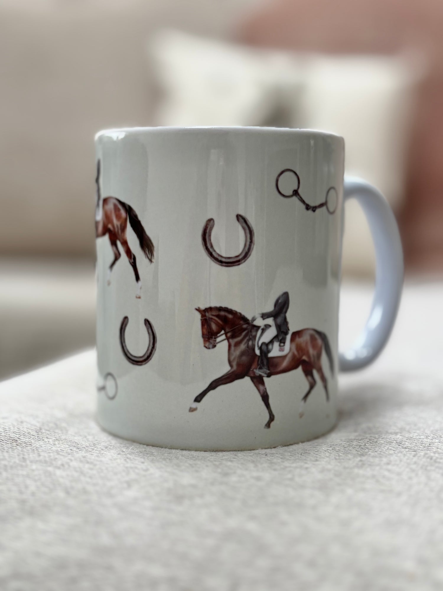 Dressage Mug - Country Kitchen design featuring hand-drawn dressage horse, horseshoes, and bits. Ideal coffee mug gift for horse lovers.