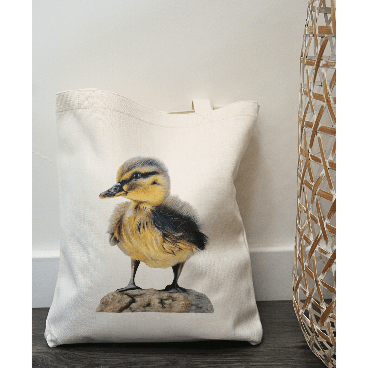 Duck tote bag with eco-friendly linen fabric featuring a realistic duckling artwork. Ideal reusable shopping bag for women, made in the UK.