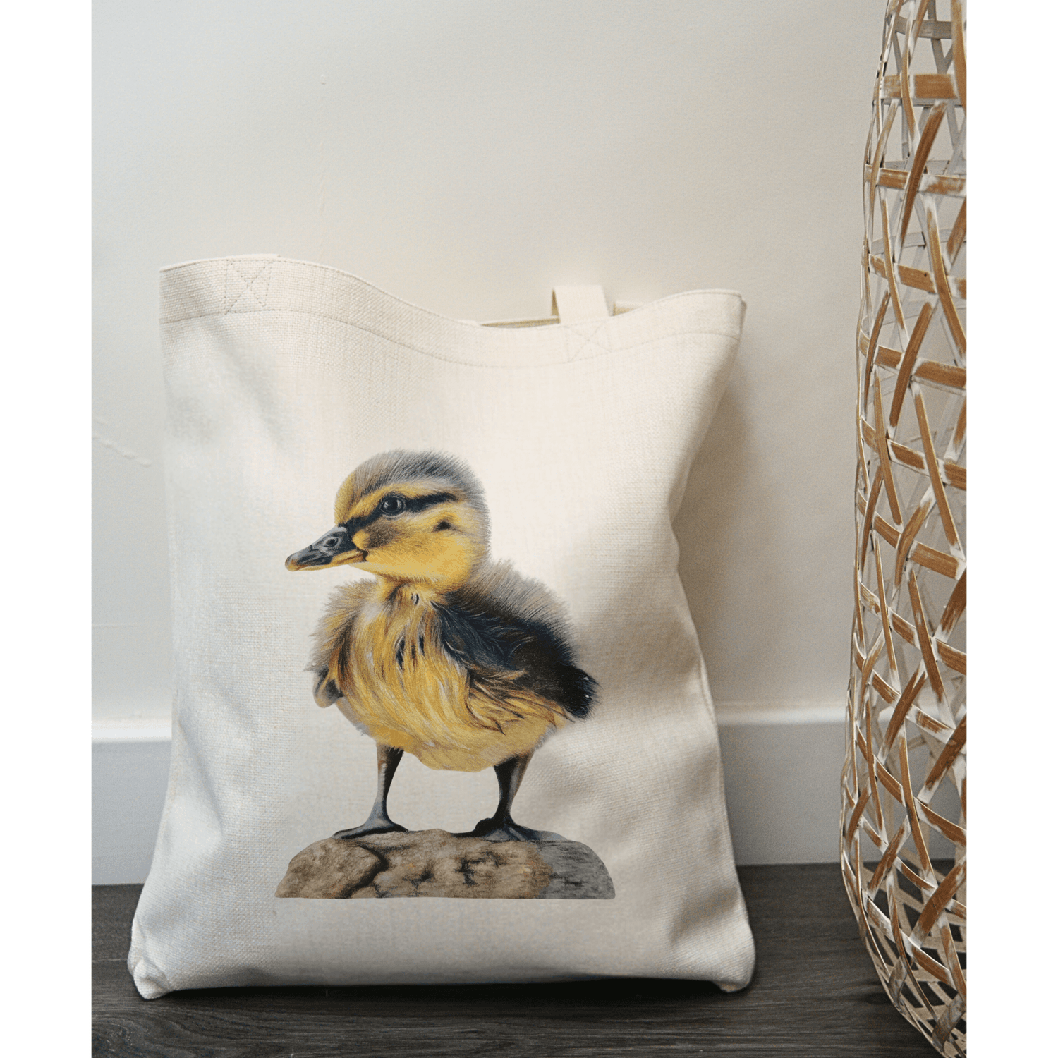 Duck tote bag with eco-friendly linen fabric featuring a realistic duckling artwork. Ideal reusable shopping bag for women, made in the UK.