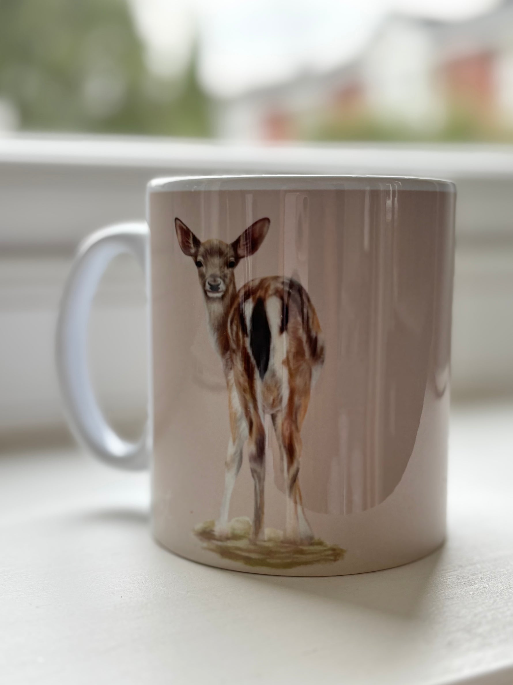 Fawn Mug featuring hand-drawn British wild animal art by Georgie Turner. Country kitchenware coffee mug ideal for animal lovers and gifting.