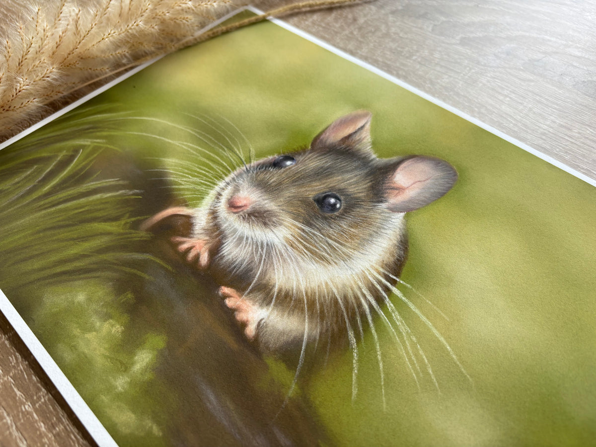 Angled view of Field Mouse Fine Art Print On Paper showing lifelike detail and soft green background, ideal for nature-themed wall art.