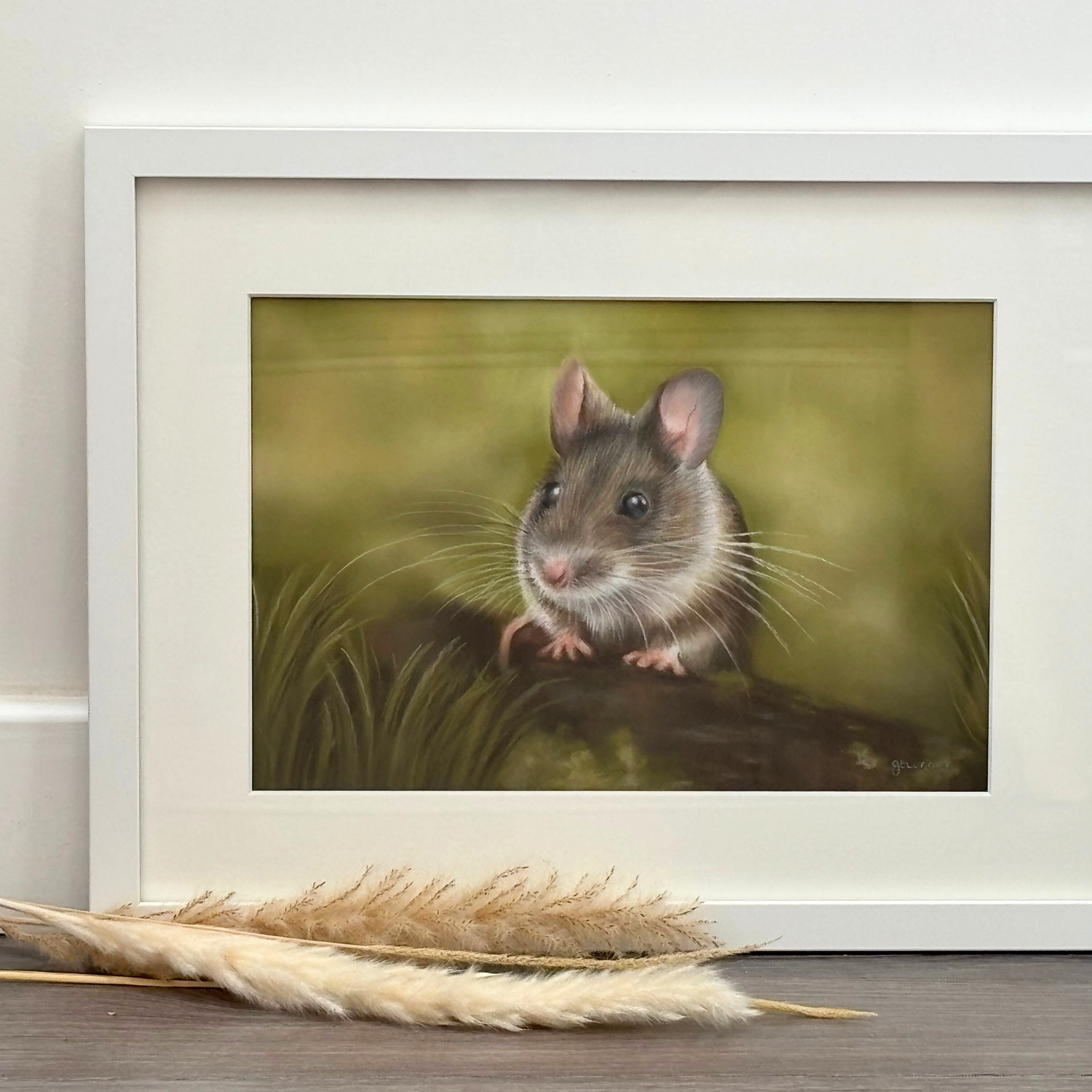 Framed Field Mouse original artwork by Georgie Turner, ideal for country home decor. Features a realistic mouse painting in soft natural tones.