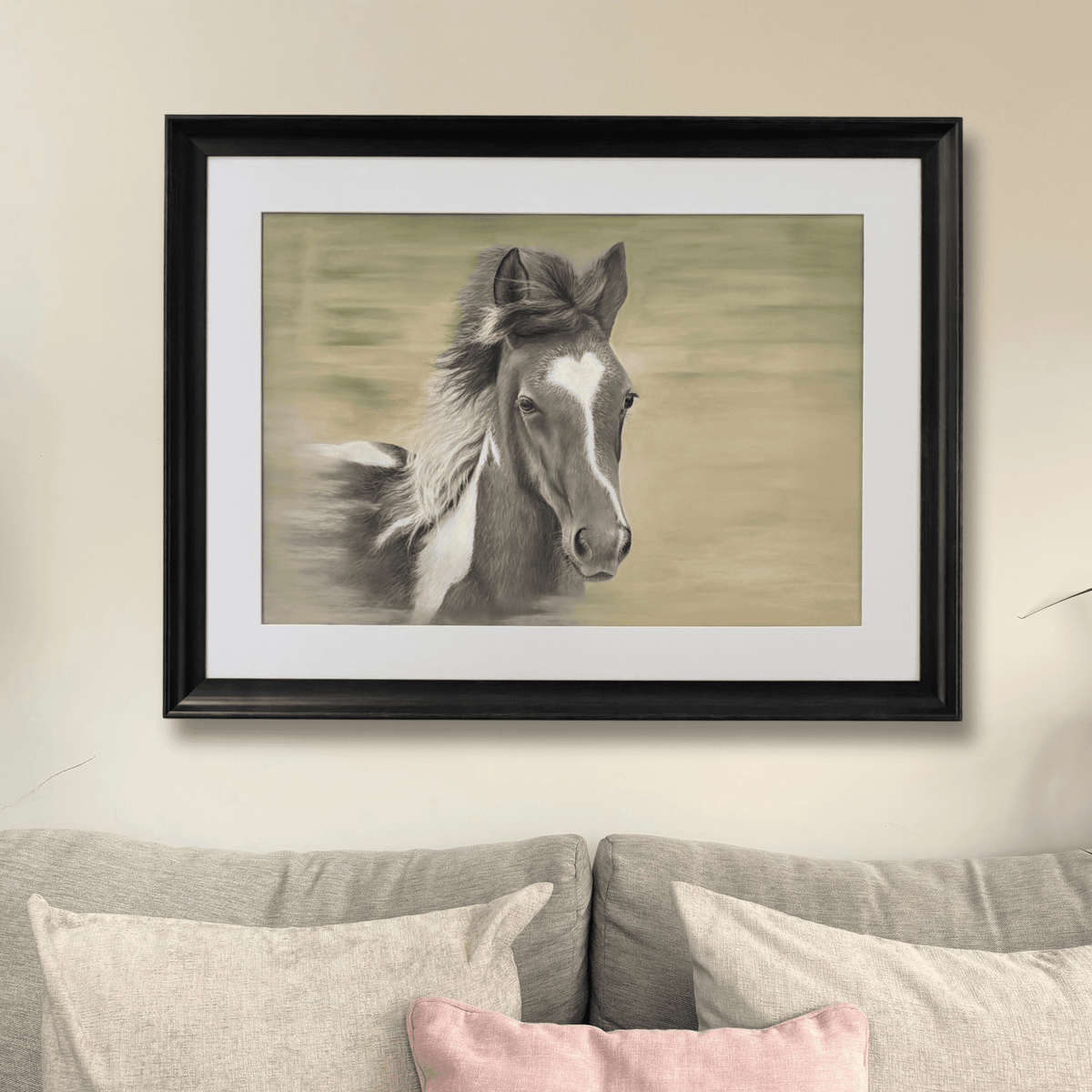 Horse original artwork titled 'Flying Free' displayed above a neutral-toned sofa, ideal for country home decor and large wall art settings.