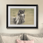 Horse original artwork titled 'Flying Free' displayed above a neutral-toned sofa, ideal for country home decor and large wall art settings.