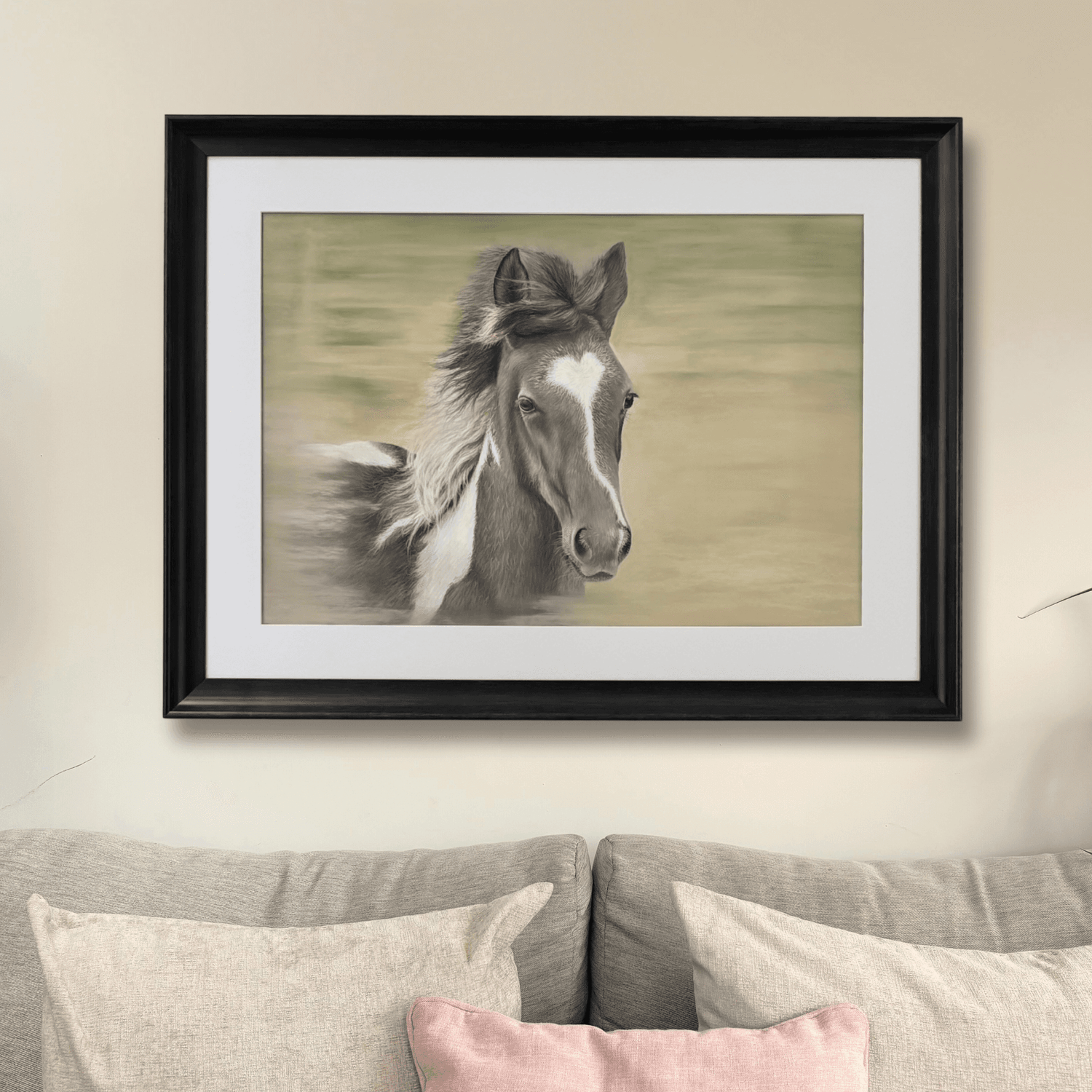Horse original artwork titled 'Flying Free' displayed above a neutral-toned sofa, ideal for country home decor and large wall art settings.