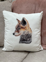 Fox Custom Cushion featuring a realistic fox illustration on a white throw pillow. Ideal for country home decor and rustic living room ideas.