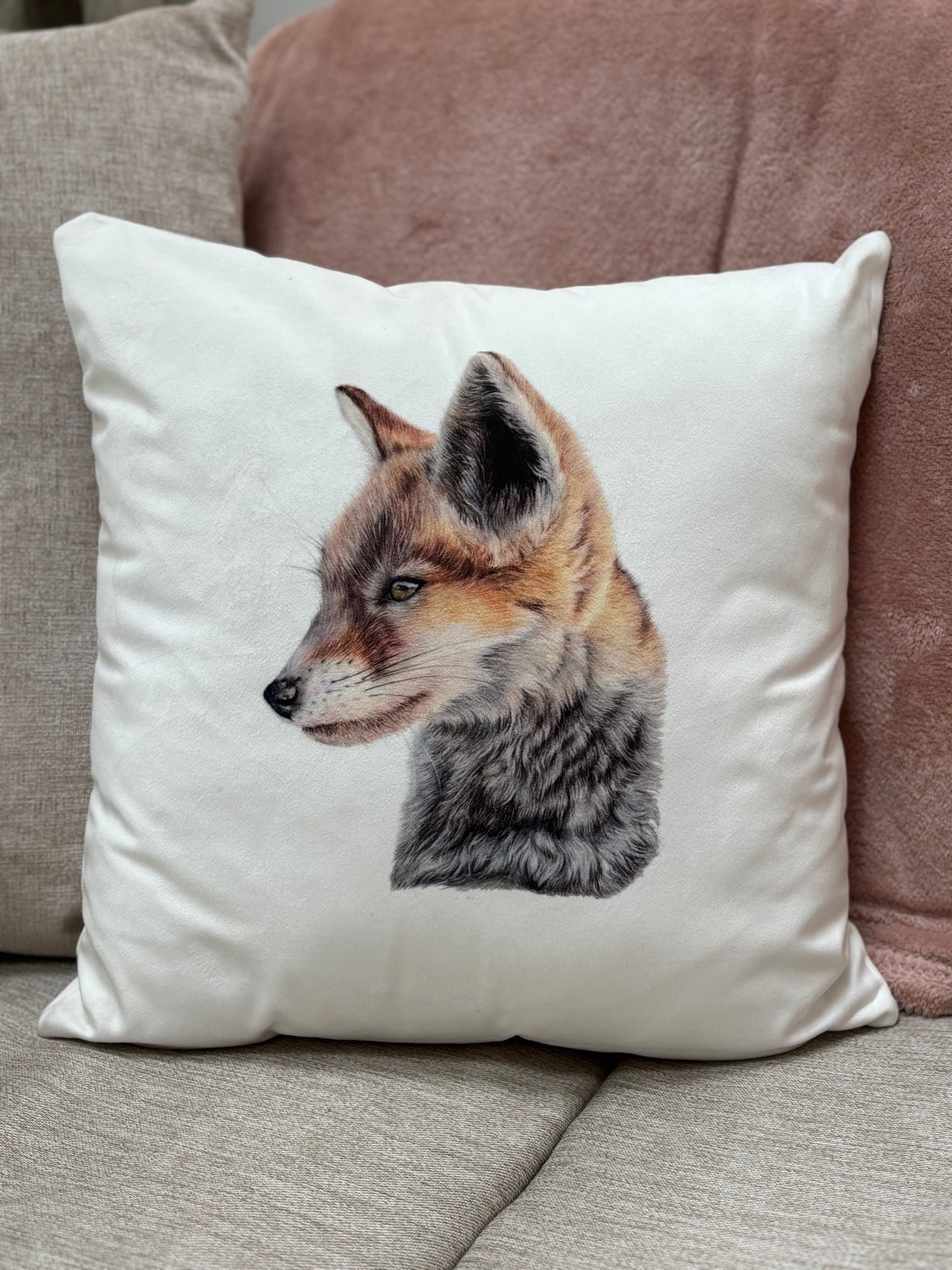 Fox Custom Cushion featuring a realistic fox illustration on a white throw pillow. Ideal for country home decor and rustic living room ideas.