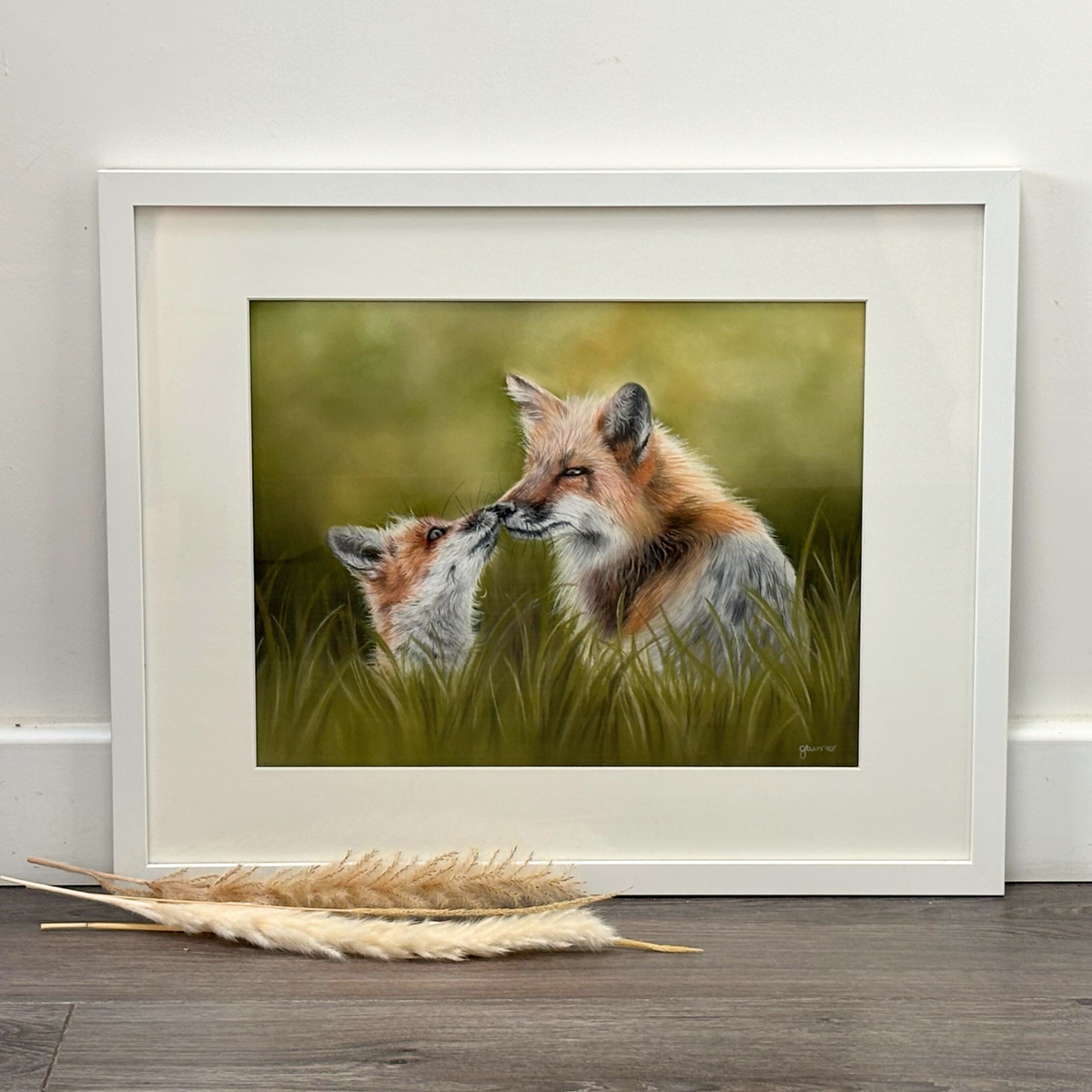 Framed Fox Original Artwork titled 'Fox & Cub' featuring a mother fox and cub in tall grass, ideal for country home decor and wildlife-themed wall art.