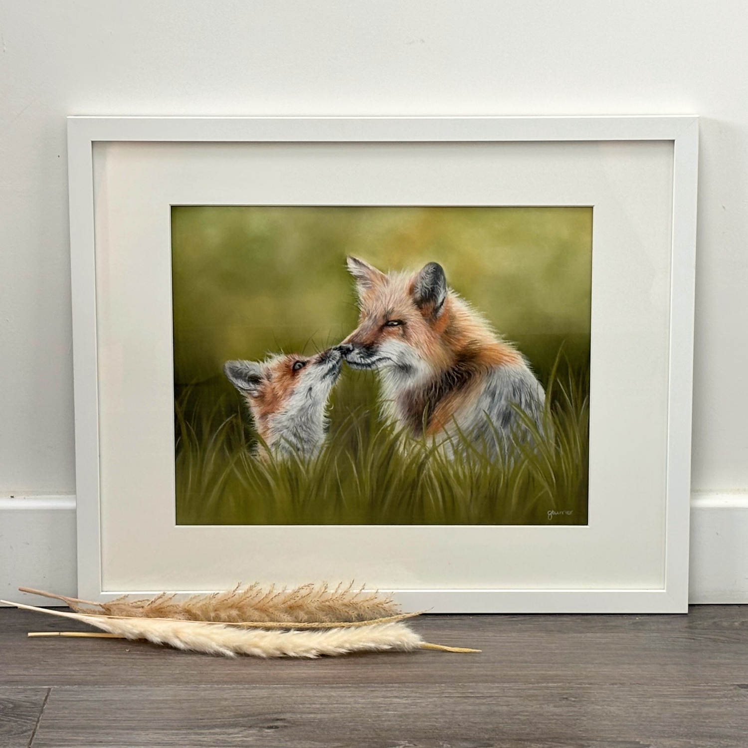 Framed Fox Original Artwork titled 'Fox & Cub' featuring a mother fox and cub in tall grass, ideal for country home decor and wildlife-themed wall art.