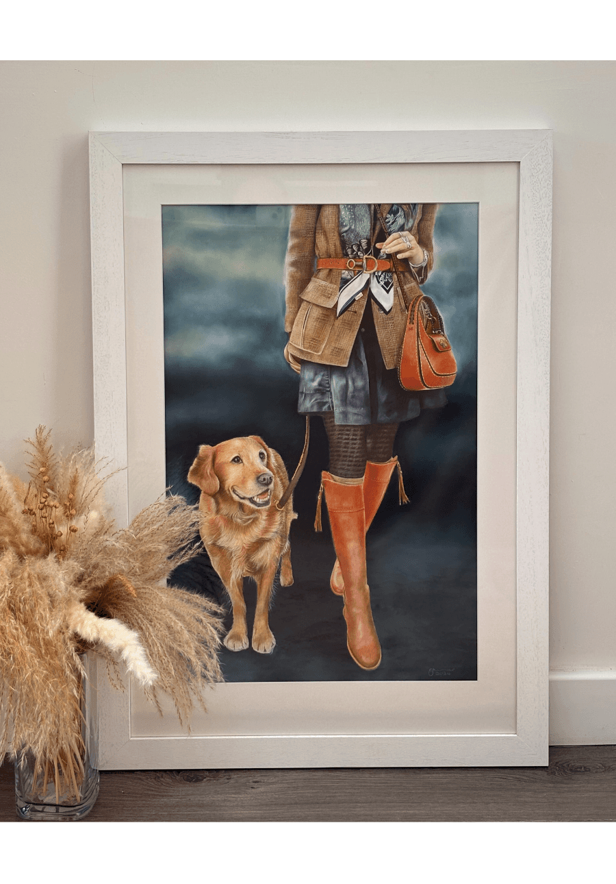 Game Flair & Fabulous original painting by Georgie Turner showing a woman in tweed and boots with a golden retriever, ideal for country home wall decor.
