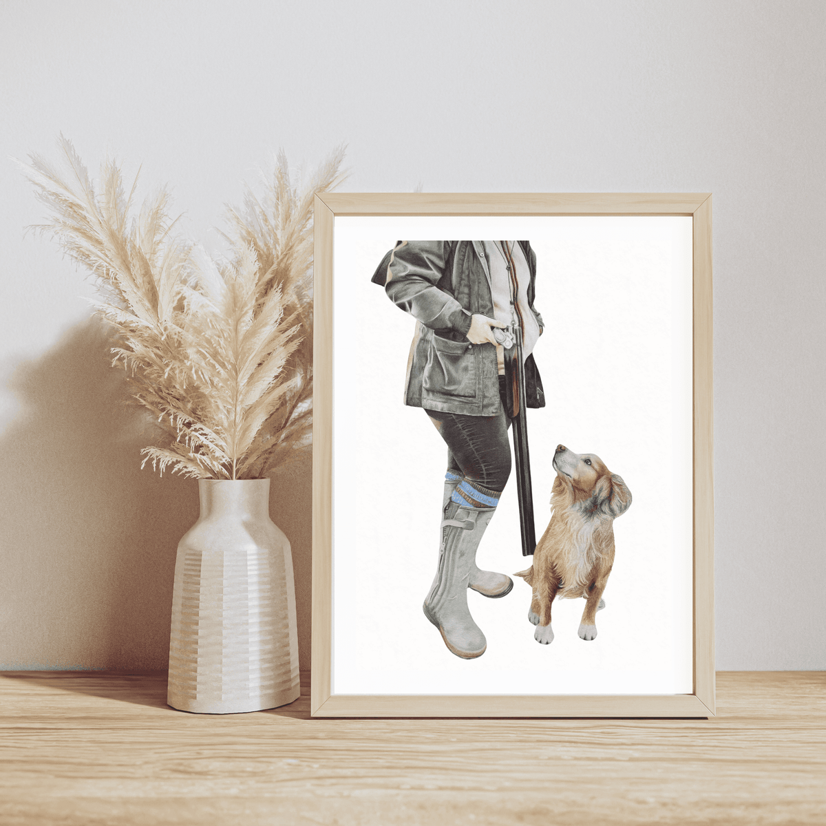 Field Sport Fine Art Print on Paper featuring a country girl with shotgun and gun dog, styled for rustic home decor. Ideal for countryside-themed wall art.