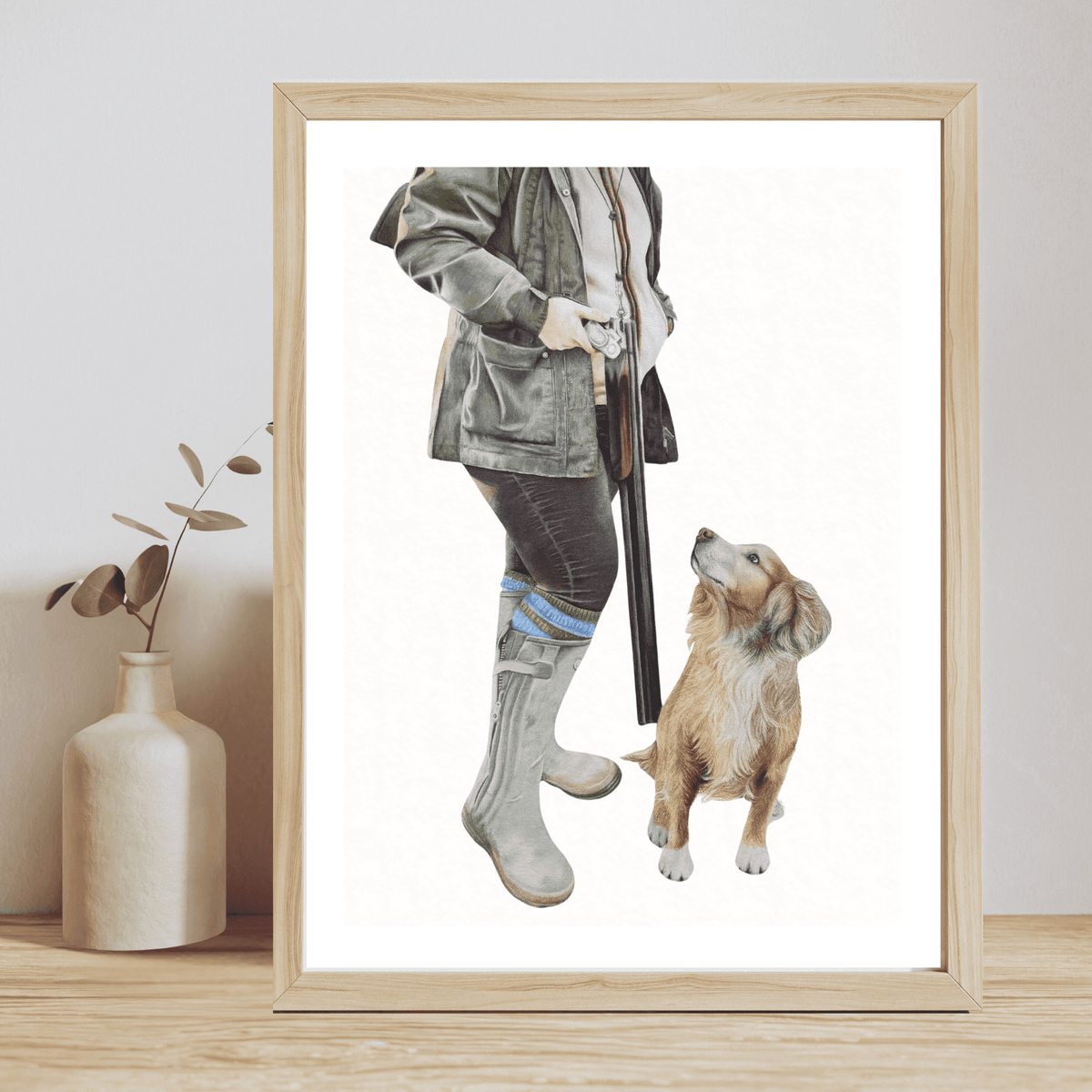 Field Sport Fine Art Print on Paper showing a female figure in outdoor gear with a loyal dog, perfect for country living room or bedroom wall art.