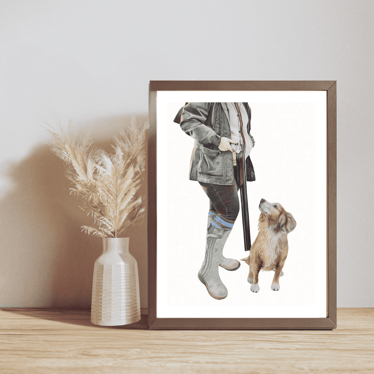 Field Sport Fine Art Print on Paper with British countryside theme, depicting a woman and dog in shooting attire. Great for rustic home wall decor.
