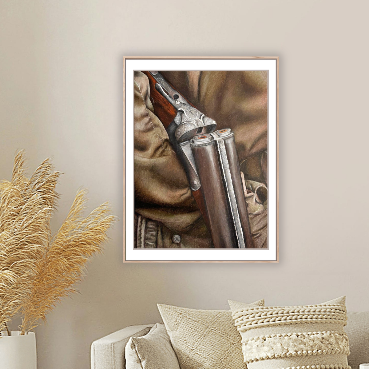 Country Shoot Fine Art Wall Print displayed in neutral-toned living room, ideal for country sports and field sport-themed home decor.
