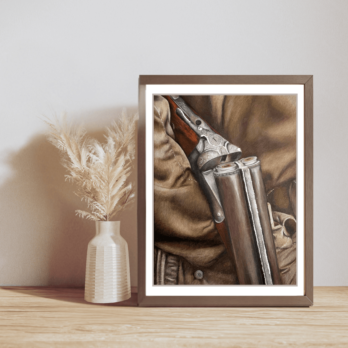 Country Shoot Art Print in dark wood frame styled with pampas grass, perfect for rustic home interiors and British countryside lovers.