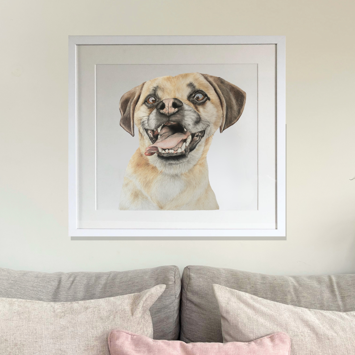 Dog original artwork titled 'Welcome Home' by Georgie Turner, framed and displayed above a grey sofa. Ideal for country home decor.