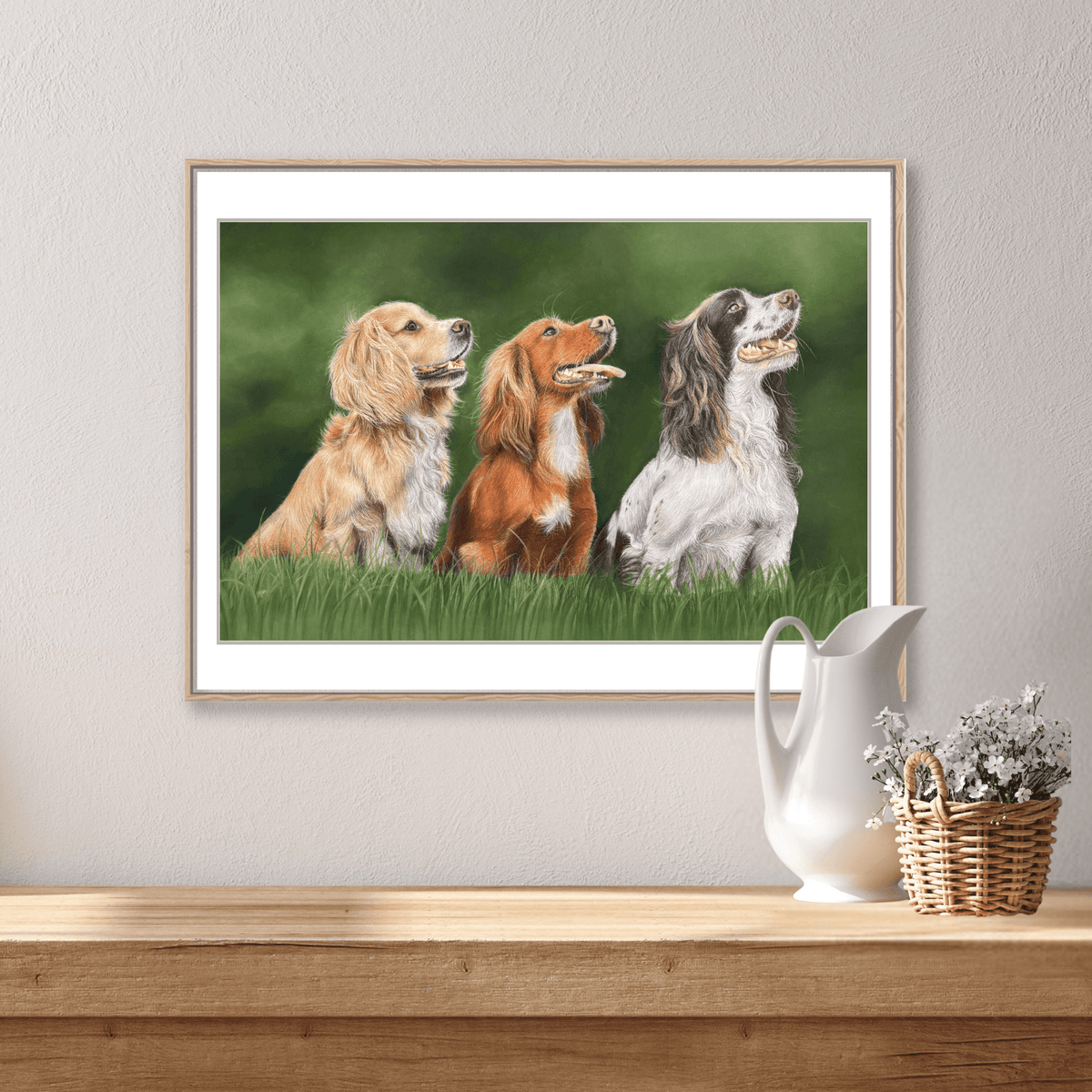 Gun Dog Wall Art - Country Home Decor | Fine Art Print Online featuring three spaniels in a field. Ideal for rustic interiors and dog lovers.