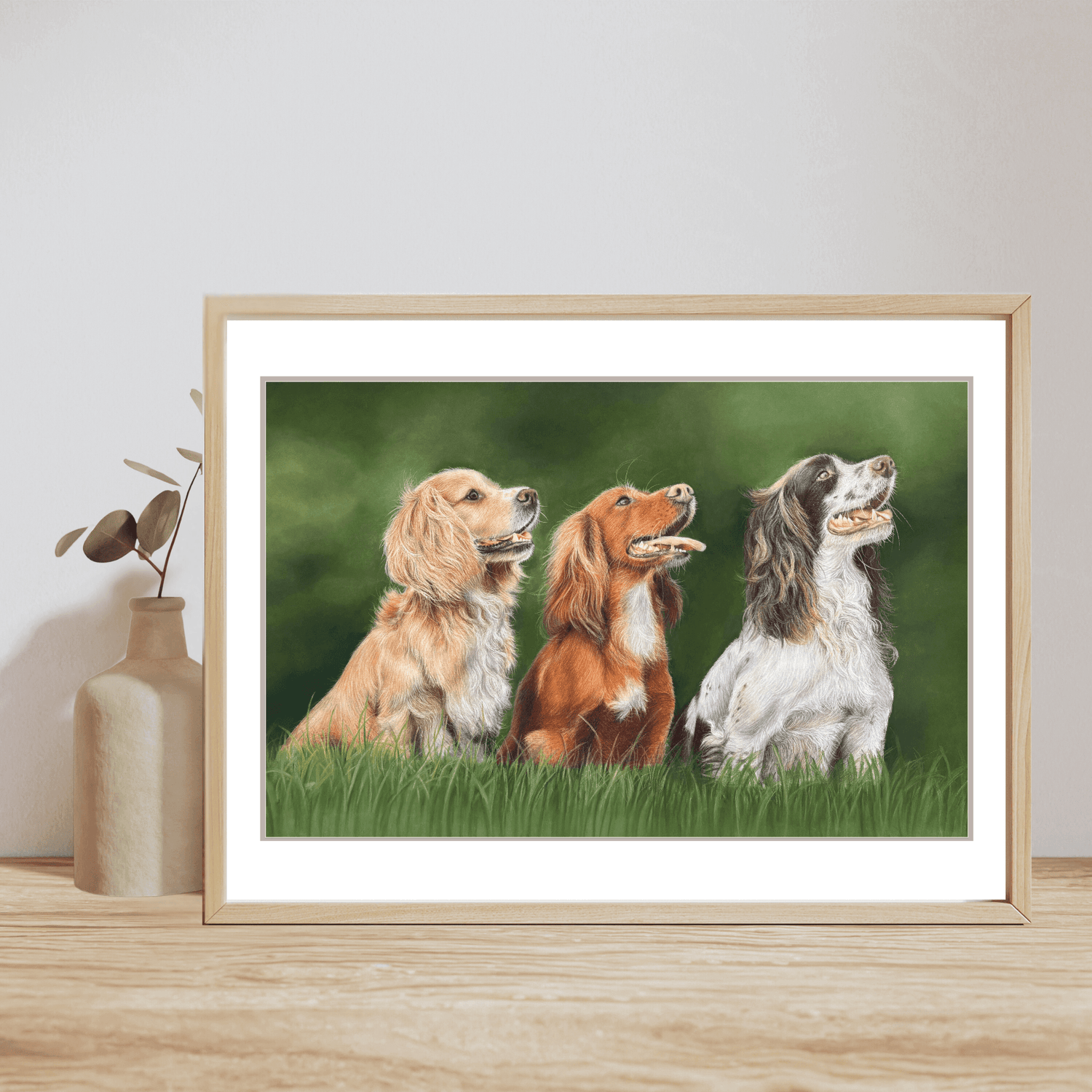 Gun Dog Fine Art Print with three working dogs sitting in grass, perfect for country living wall decor and British countryside-inspired homes.