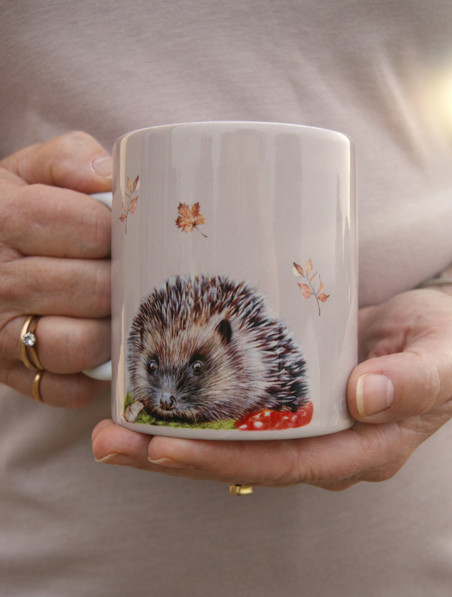 Hedgehog Mug featuring hand-drawn British wild animal art by Georgie Turner. Ideal country kitchenware gift for animal lovers and coffee drinkers.