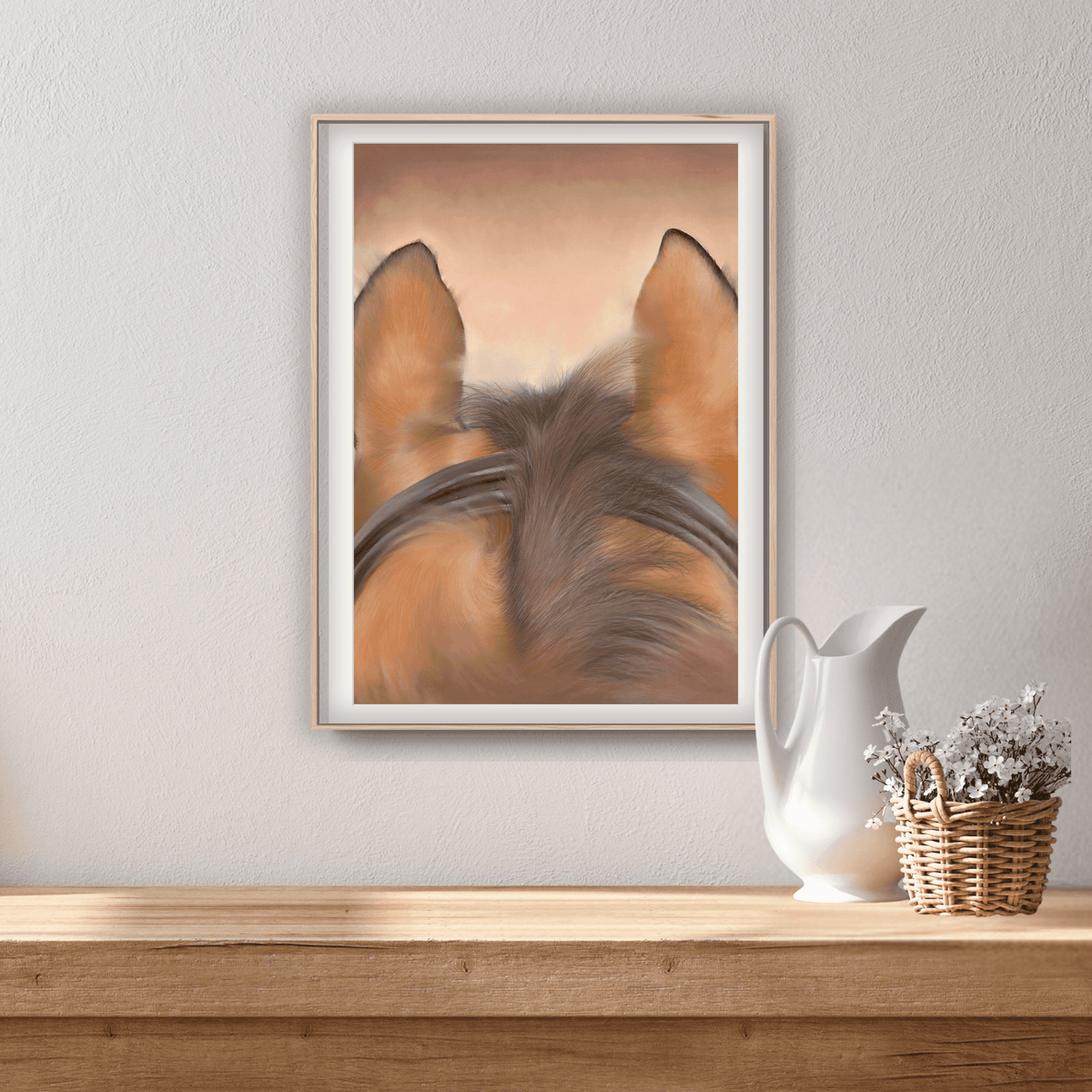 Framed Horse Riding Equestrian Fine Art Print displayed on a wooden console with a wicker basket and white pitcher, ideal for rustic home decor.