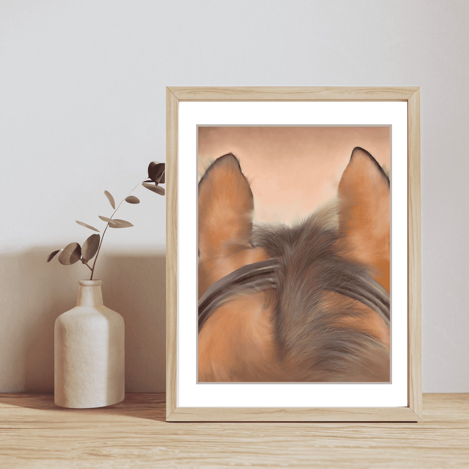 Horse Riding Equestrian Fine Art Print framed on a wooden shelf with a ceramic vase, showcasing a view through a horse's ears at sunset.